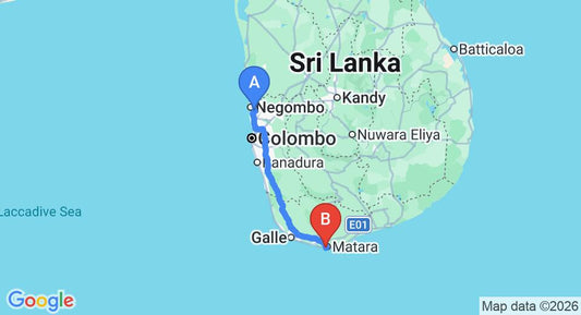 Driving route map: Colombo Airport (CMB) to Amaloh Botique Resort, Matara (184 km, approx 2 h 33 min private transfer)