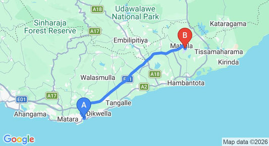 Driving route map: Talalla to Mattala (HRI) Airport (80 km, approx 1 h 13 min private transfer)