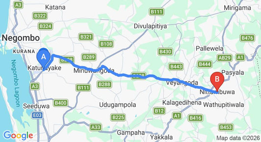Driving route map: Colombo Airport (CMB) to Nittambuwa (27 km, approx 56 min private transfer)