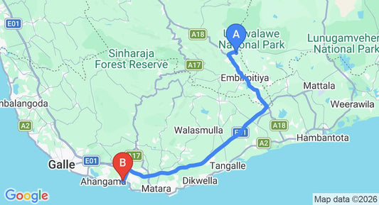 Driving route map: Udawalawe to Weligama (102 km, approx 1 h 46 min private transfer)