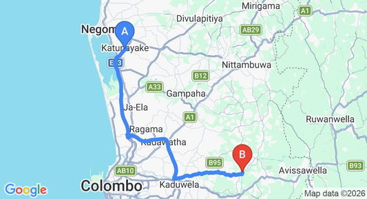Driving route map: Colombo Airport (CMB) to Kapungoda (52 km, approx 1 h 5 min private transfer)