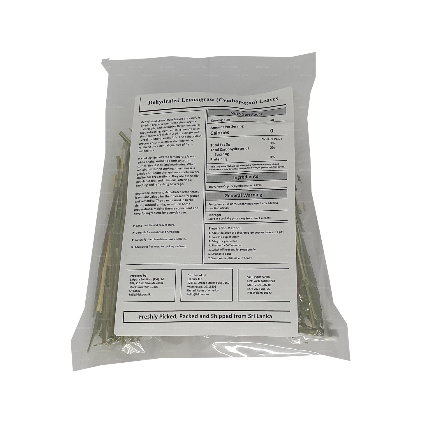 Lakpura Dehydrated Lemongrass Leaves