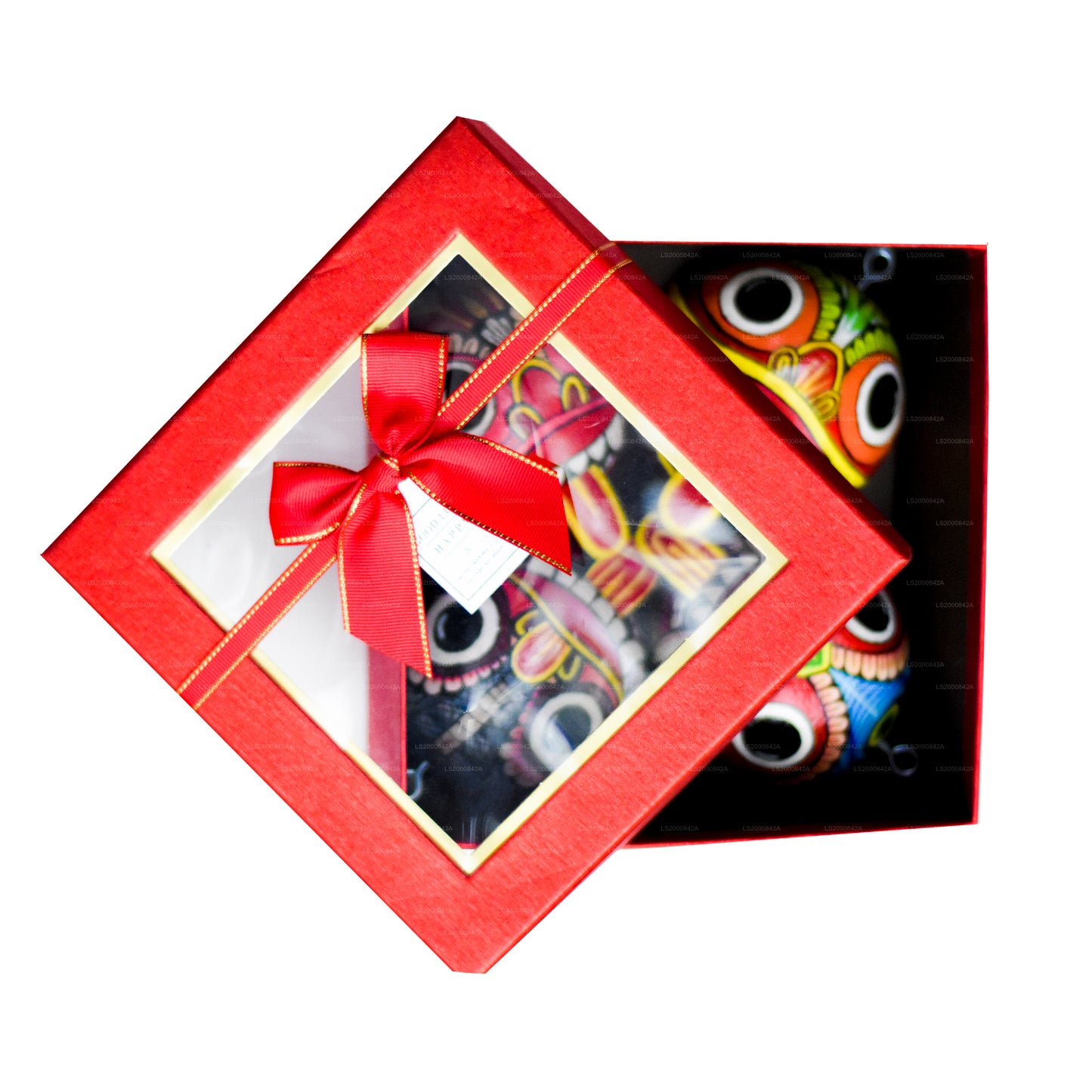 Srílanské tradiční masky Raksha (Mayura, Maru, Agni, Naga) namalované přes kokosové skořápky (balení 4)