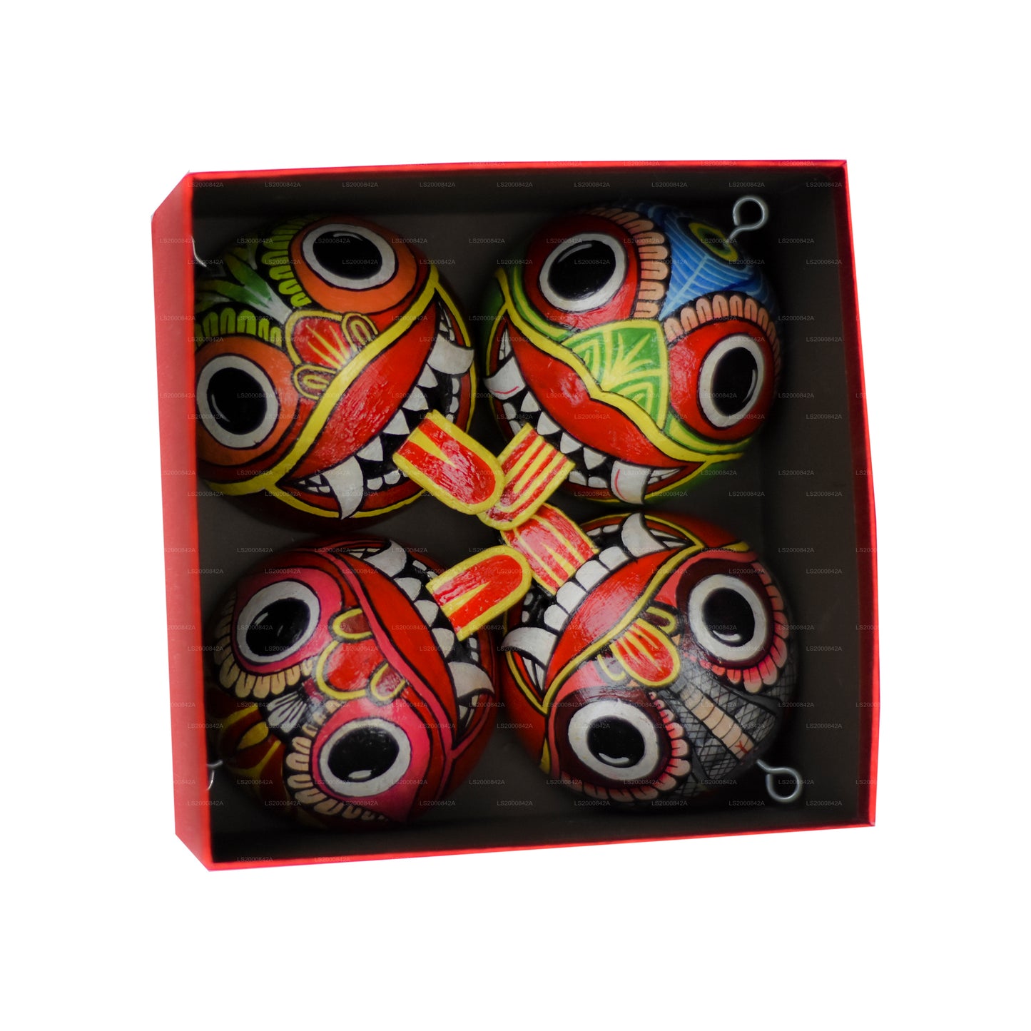 Srílanské tradiční masky Raksha (Mayura, Maru, Agni, Naga) namalované přes kokosové skořápky (balení 4)