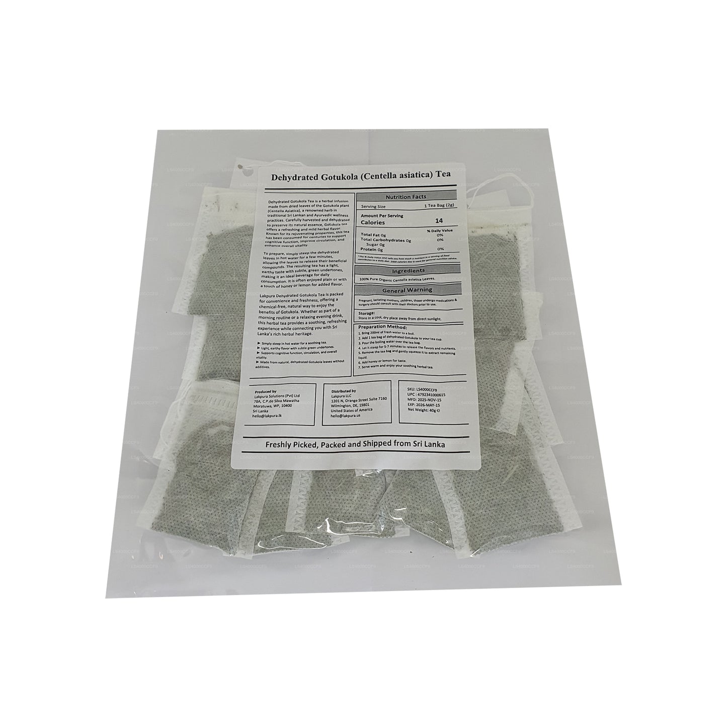 Lakpura Dehydrated Gotukola čajové sáčky (40g) 20 čajových sáčků