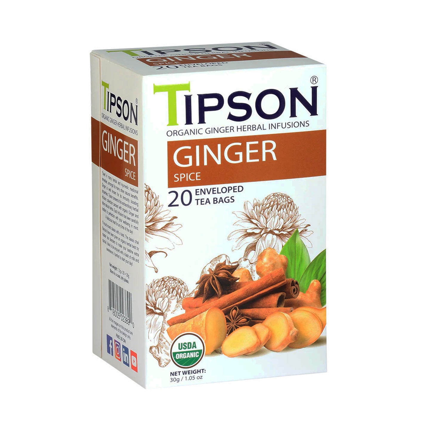 Tipson Organic Ginger Spice Tea (30g) 20 Enveloped Tea Bags