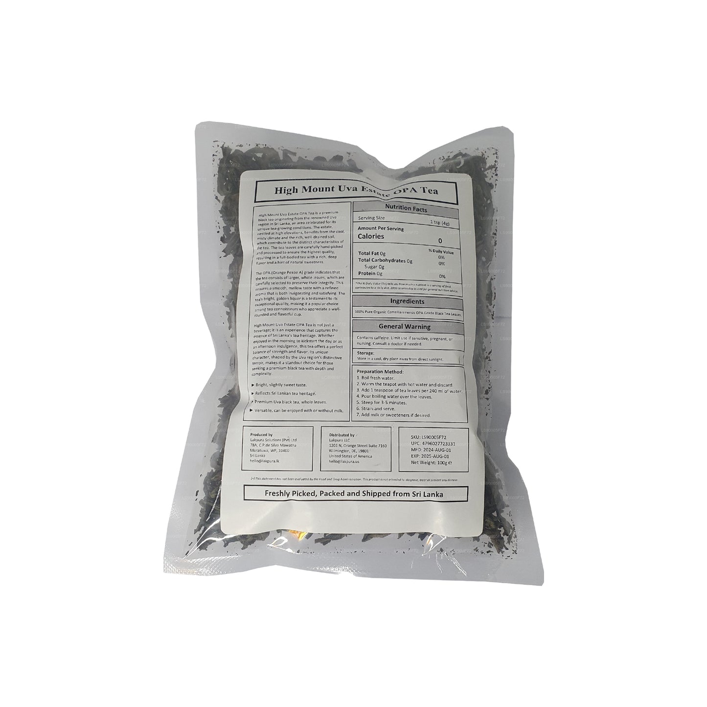 Lakpura® Uva High Mount Uva Estate OPA Tea (100g)