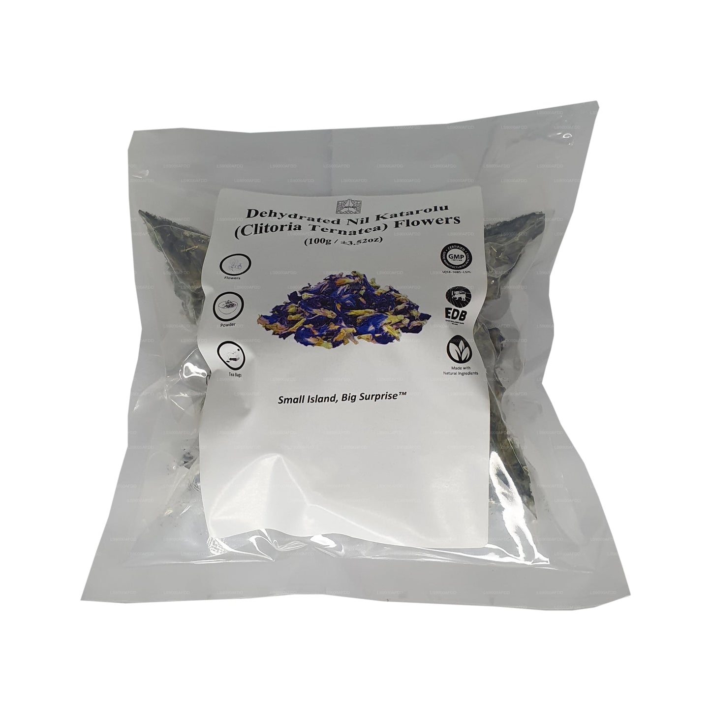 Dehydratované květy motýlího hrachu Lakpura® (Nil Katarolu; Clitoria Ternatea).