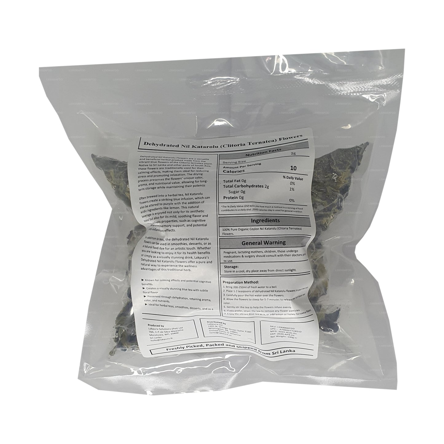 Dehydratované květy motýlího hrachu Lakpura® (Nil Katarolu; Clitoria Ternatea).