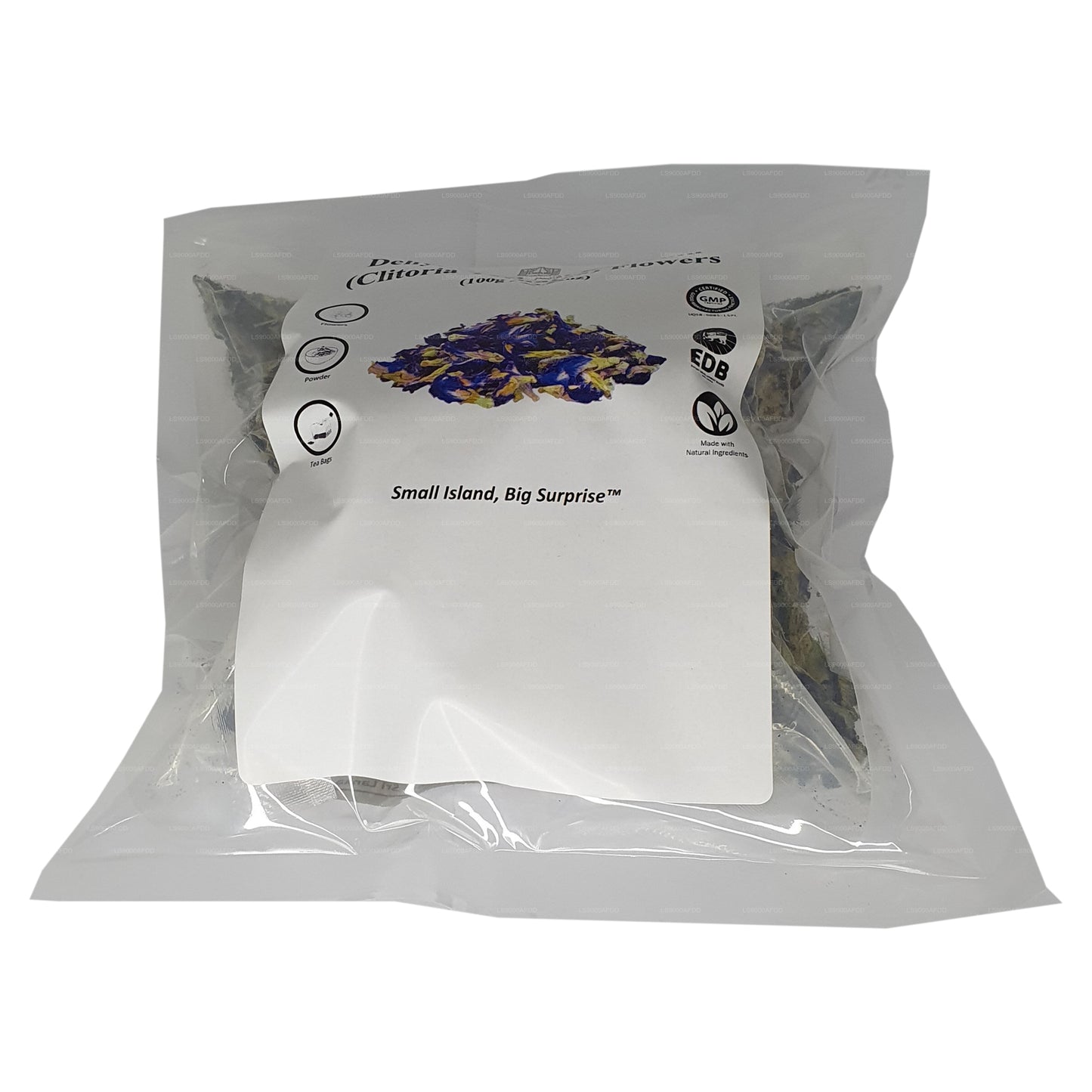 Dehydratované květy motýlího hrachu Lakpura® (Nil Katarolu; Clitoria Ternatea).