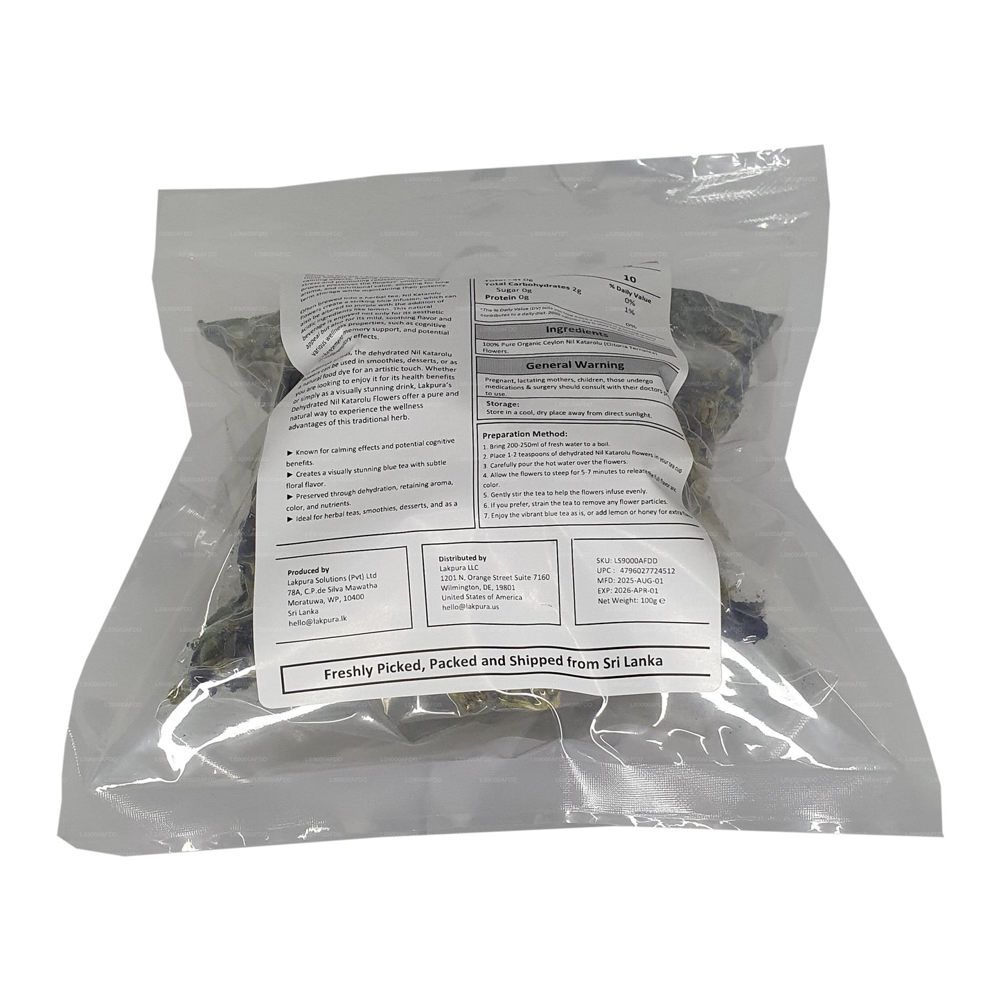 Dehydratované květy motýlího hrachu Lakpura® (Nil Katarolu; Clitoria Ternatea).