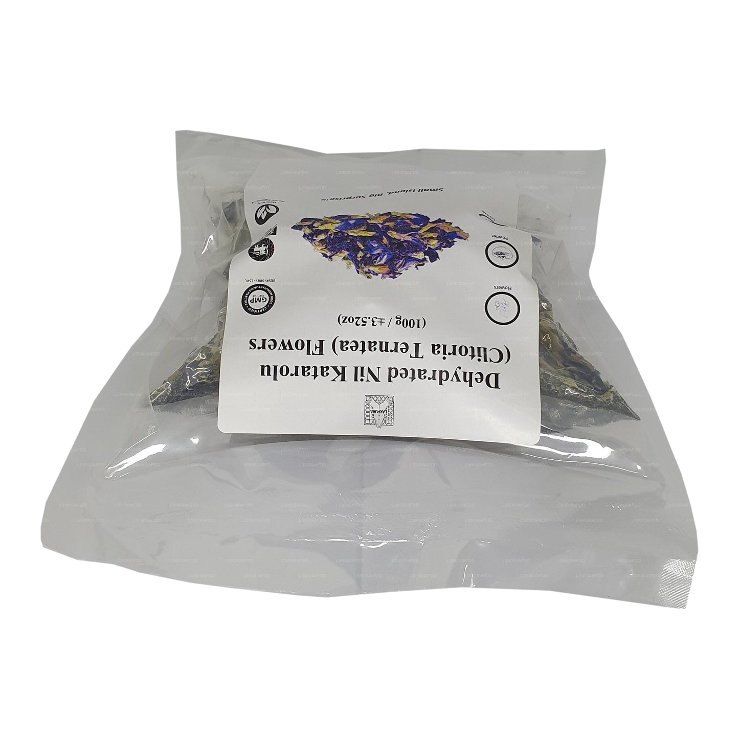 Dehydratované květy motýlího hrachu Lakpura® (Nil Katarolu; Clitoria Ternatea).