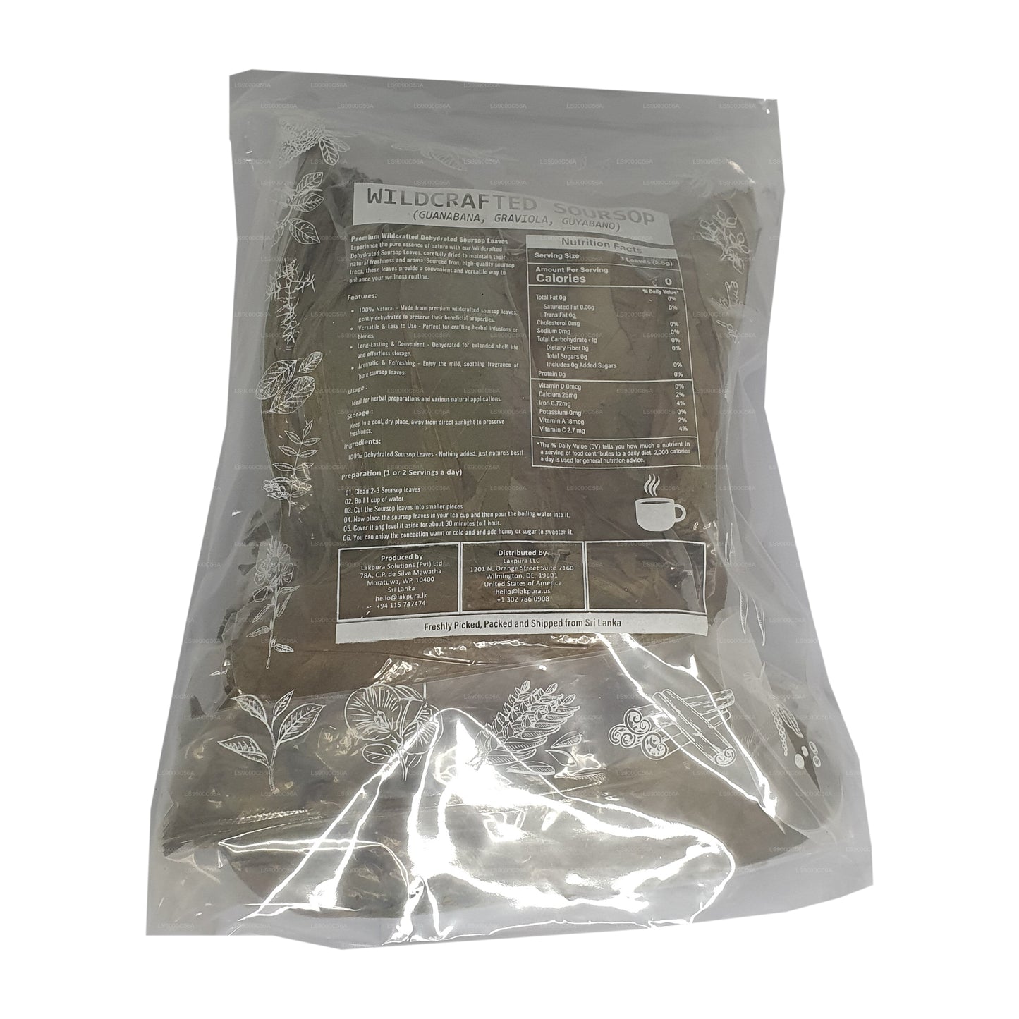Lakpura® Divoce pěstované listy kyselé papričky (Guanabana, Graviola, Guyabano) Dehydratované celé listy