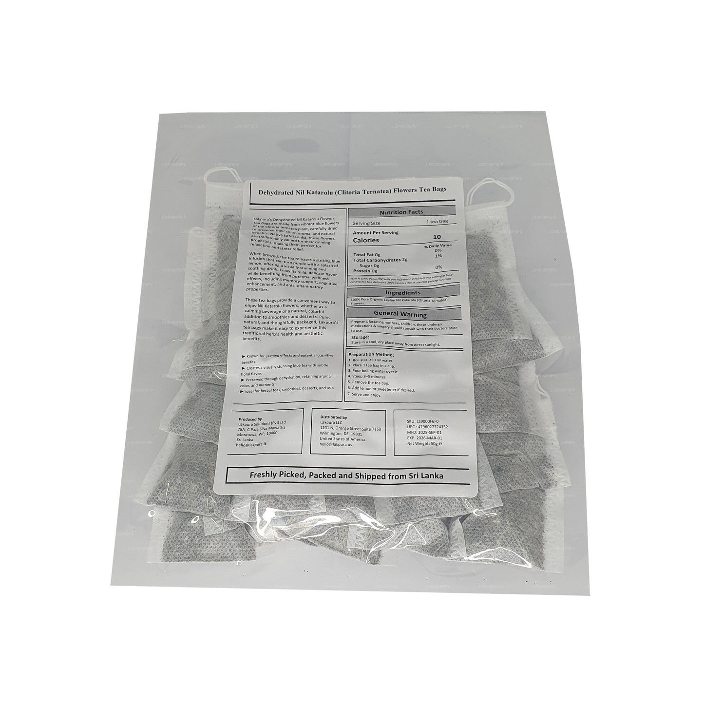 Lakpura® Dehydratovaný čaj s květy motýlího hrachu (Nil Katarolu; Clitoria Ternatea) v sáčcích (25 sáčků)