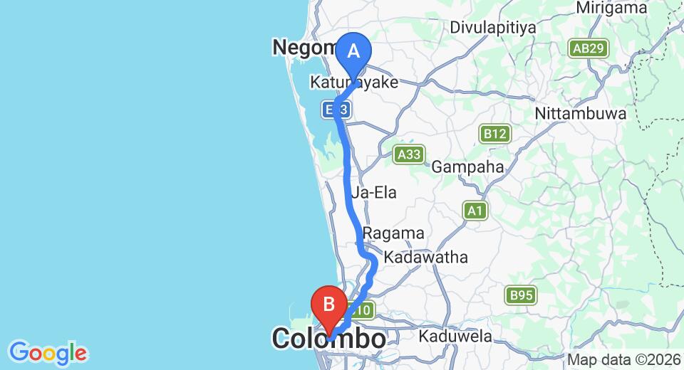Driving route map: Colombo Airport (CMB) to Test House, Colombo (32 km, approx 39 min private transfer)