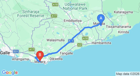 Driving route map: Mattala (HRI) Airport to Matara (89 km, approx 1 h 13 min private transfer)