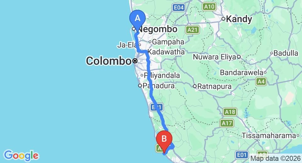 Driving route map: Colombo Airport (CMB) to Villa Kusum, Galle (144 km, approx 2 h 8 min private transfer)