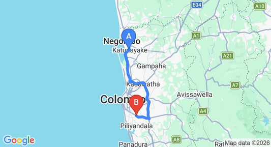 Driving route map: Colombo Airport (CMB) to Maharagama (57 km, approx 1 h 4 min private transfer)