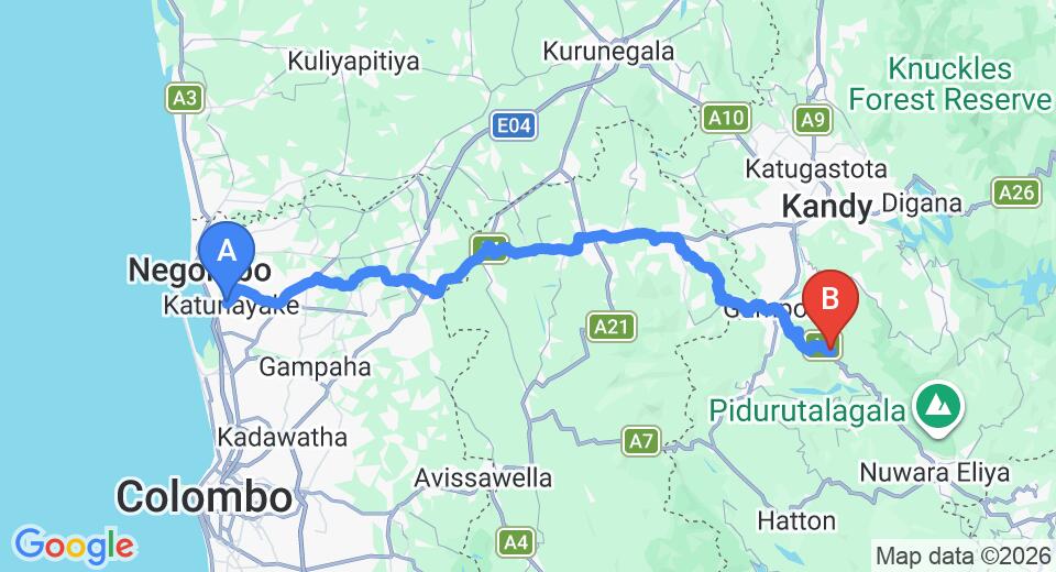Driving route map: Colombo Airport (CMB) to Hemingford, Pussellawa (121 km, approx 3 h 39 min private transfer)