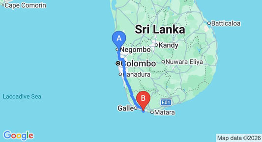 Driving route map: Colombo Airport (CMB) to W15 Escape, Ahangama (166 km, approx 2 h 25 min private transfer)