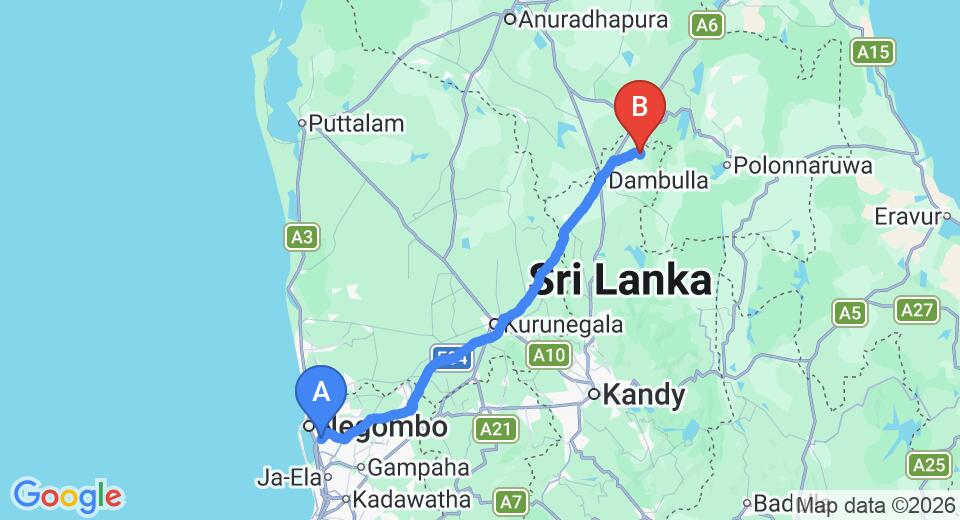 Driving route map: Colombo Airport (CMB) to Sigiriya Rock Hide, Sigiriya (147 km, approx 3 h 15 min private transfer)