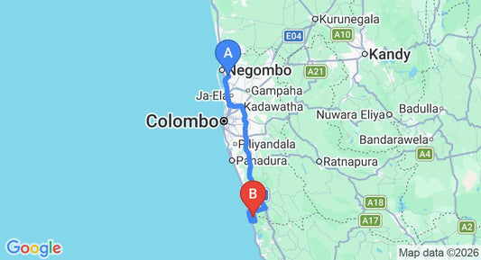 Driving route map: Colombo Airport (CMB) to Sobaco Nature Resort, Bentota (118 km, approx 2 h 1 min private transfer)