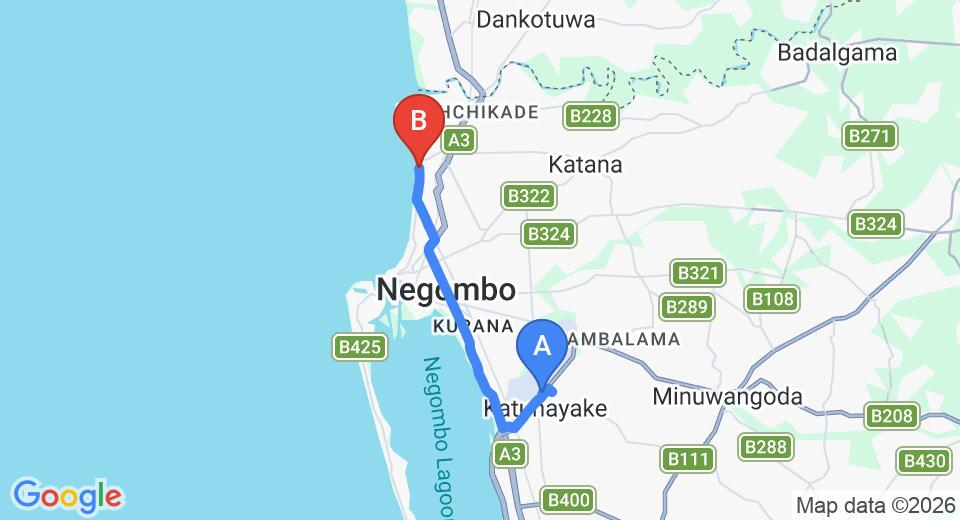 Driving route map: Colombo Airport (CMB) to OYO 131 Paradise Holiday Village, Negombo (14 km, approx 33 min private transfer)
