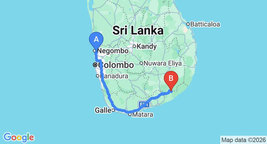 Driving route map: Colombo Airport (CMB) to Forest Lodge, Kataragama (289 km, approx 3 h 56 min private transfer)
