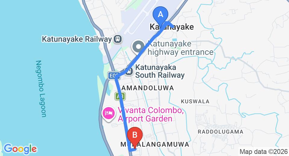Driving route map: Colombo Airport (CMB) to The Bell Luxury Holiday Home, Negombo (6 km, approx 13 min private transfer)