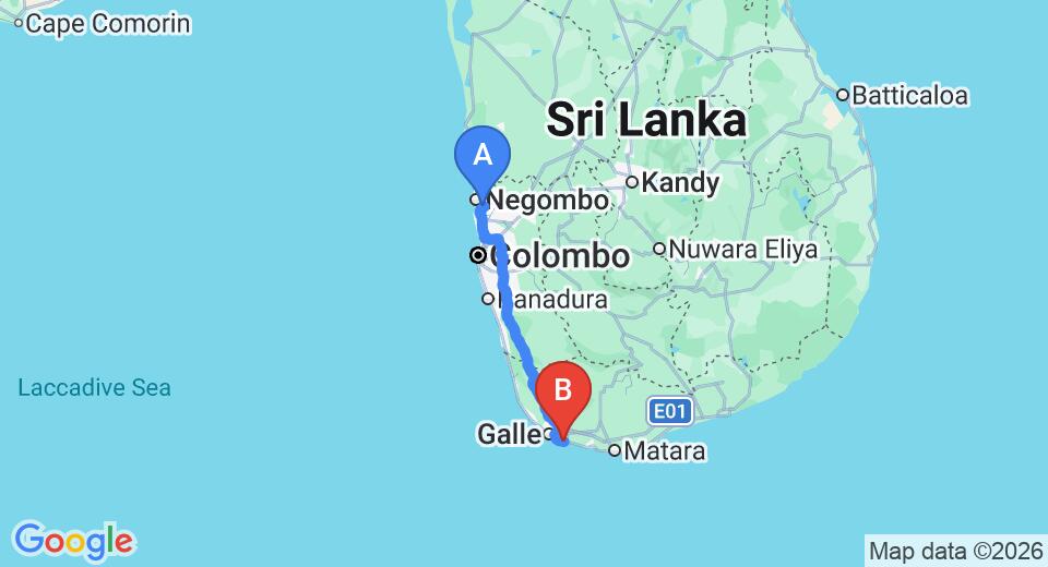 Driving route map: Colombo Airport (CMB) to Why Beach (WB) Villa, Galle (157 km, approx 2 h 15 min private transfer)