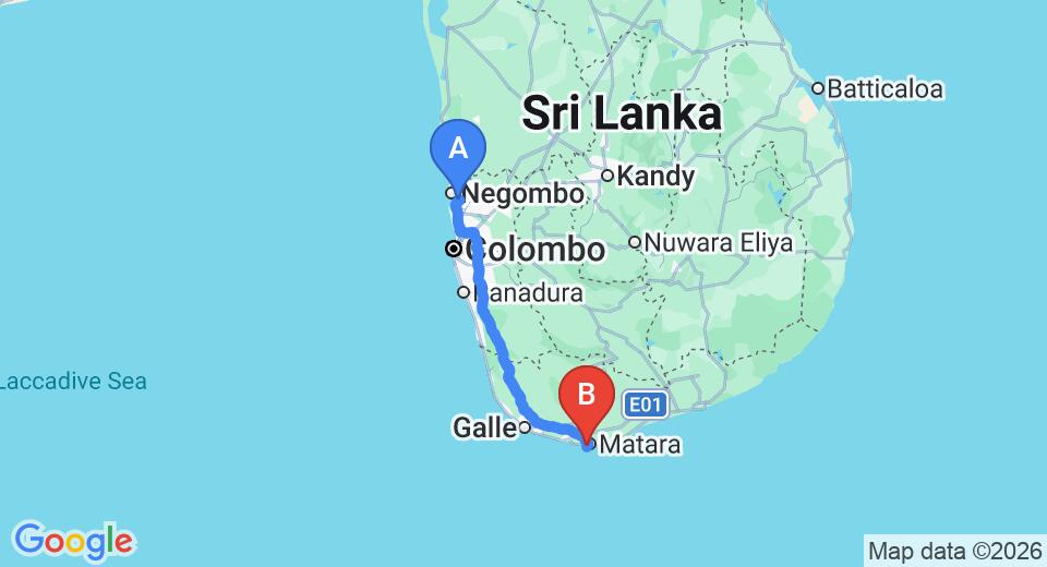 Driving route map: Colombo Airport (CMB) to Hotel Royal Sea Wind, Matara (184 km, approx 2 h 34 min private transfer)