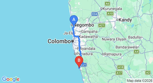 Driving route map: Colombo Airport (CMB) to Wornells Reef Hotel, Beruwala (101 km, approx 1 h 45 min private transfer)
