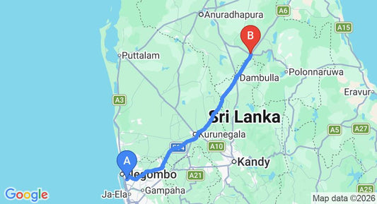Driving route map: Colombo Airport (CMB) to Cinnamon Lodge Habarana, Sigiriya (151 km, approx 3 h 14 min private transfer)