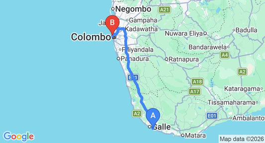 Driving route map: Unawatuna to Colombo Seaport (146 km, approx 2 h 4 min private transfer)
