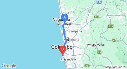 Driving route map: Colombo Airport (CMB) to Haus Chandra Hotel, Mount Lavinia (42 km, approx 1 h 9 min private transfer)
