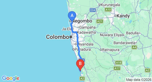 Driving route map: Colombo Airport (CMB) to Transfer between Colombo Airport - The Habitat Kosgoda by Asia Leisure, Bentota (118 km, approx 1 h 55 min private transfer)