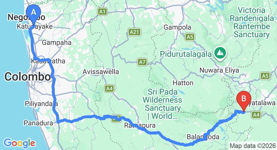 Driving route map: Colombo Airport (CMB) to Mount Field Cottage, Haldummulla (198 km, approx 4 h 40 min private transfer)