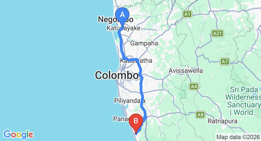Driving route map: Colombo Airport (CMB) to Wadduwa (77 km, approx 1 h 19 min private transfer)