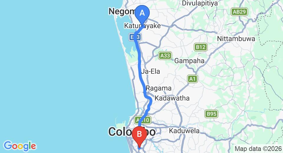 Driving route map: Colombo Airport (CMB) to Sansu Hotel, Colombo (35 km, approx 49 min private transfer)