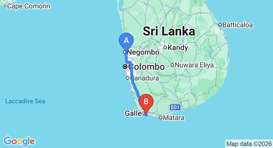 Driving route map: Colombo Airport (CMB) to Rockside Cabanas, Unawatuna (154 km, approx 2 h 11 min private transfer)