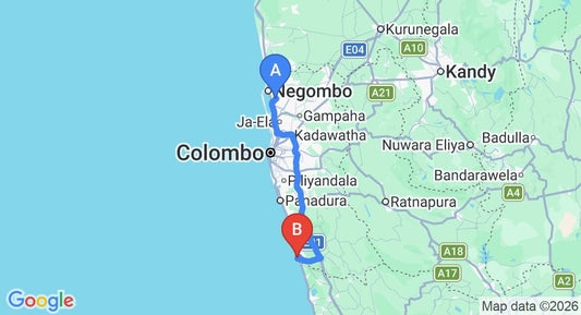 Driving route map: Colombo Airport (CMB) to Muthumuni Ayurveda Beach Resort, Beruwala (109 km, approx 1 h 44 min private transfer)