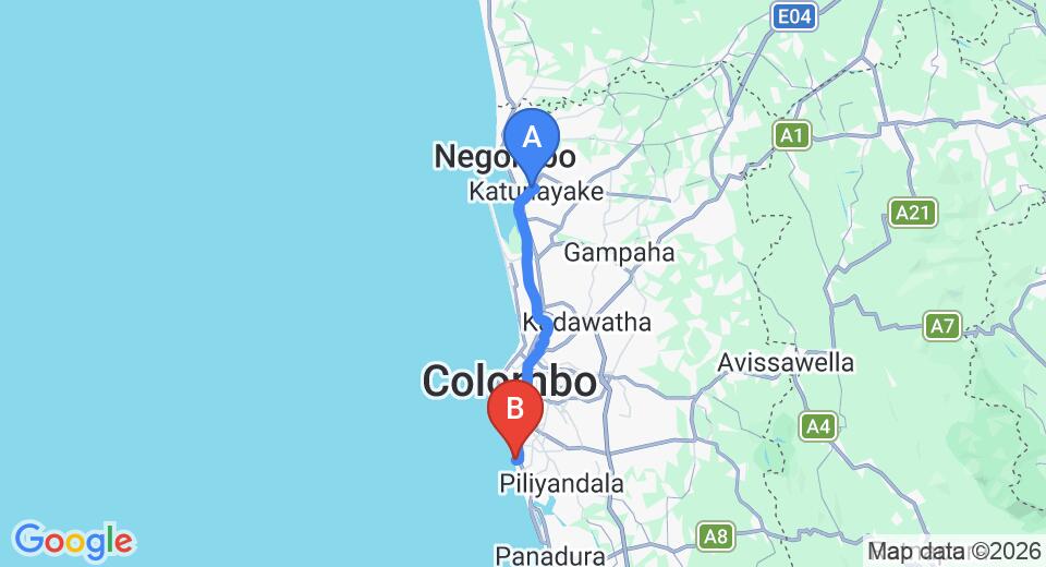 Driving route map: Colombo Airport (CMB) to Island Hostels, Mount Lavinia (43 km, approx 1 h 10 min private transfer)