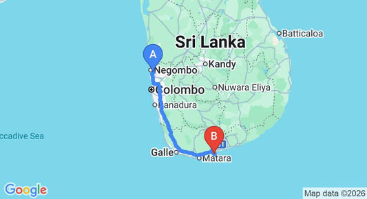 Driving route map: Colombo Airport (CMB) to Hotel Eva Lanka, Tangalle (213 km, approx 2 h 53 min private transfer)
