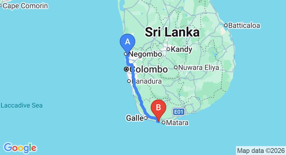 Driving route map: Colombo Airport (CMB) to Jagabay Resort, Weligama (174 km, approx 2 h 27 min private transfer)