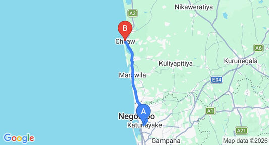 Driving route map: Colombo Airport (CMB) to Irana Villa, Chilaw (53 km, approx 1 h 29 min private transfer)