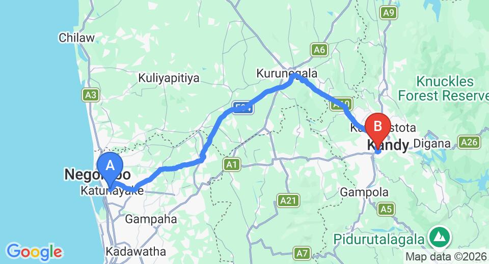 Driving route map: Colombo Airport (CMB) to Hotel Ganga Addara, Kandy (112 km, approx 2 h 46 min private transfer)