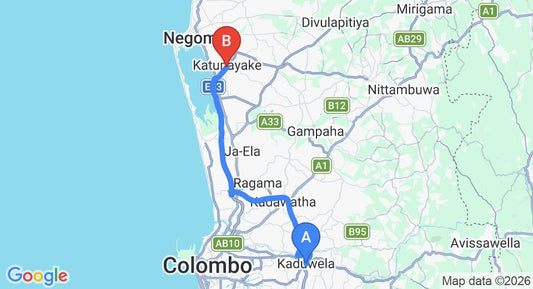 Driving route map: Kaduwela to Colombo Airport (CMB) (39 km, approx 39 min private transfer)