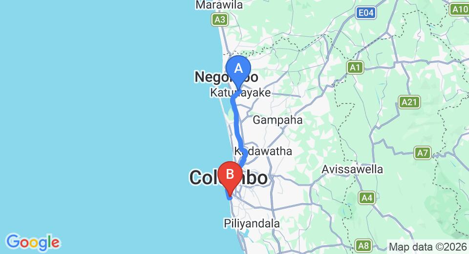 Driving route map: Colombo Airport (CMB) to Kohuwala Purana Vihara, Wellawatte (39 km, approx 58 min private transfer)