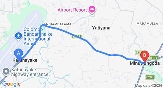 Driving route map: Colombo Airport (CMB) to Minuwangoda (9 km, approx 19 min private transfer)