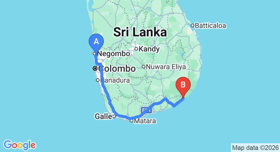 Driving route map: Colombo Airport (CMB) to Mahoora - Bundala, Yala (316 km, approx 5 h 4 min private transfer)
